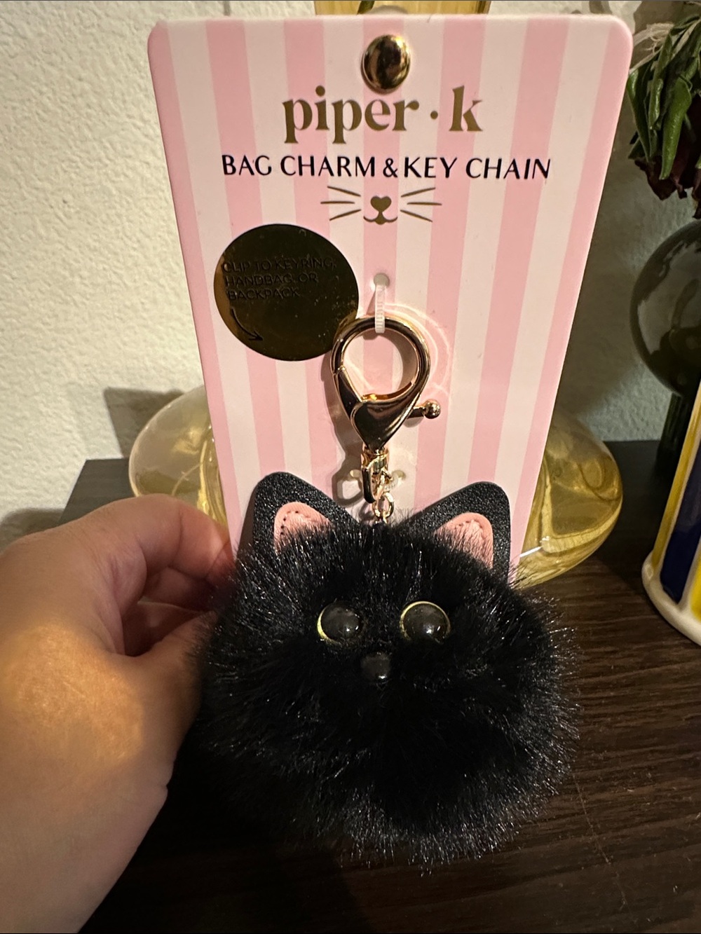 Piper•K | Black Cat Pom Pom Bag Charm with Gold Clasp